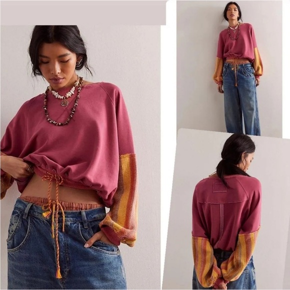 NWT XL Free People We the Free Stripe Cuff Pullover Sweatshirt in Sunrise Combo - Picture 1 of 8